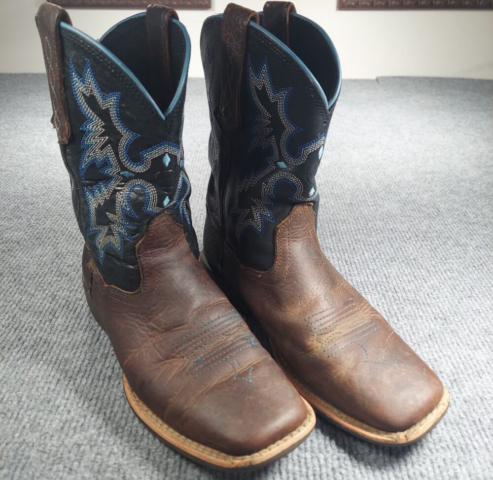 Ariat Tombstone Western Cowboy Boots Youth Sz 1 Brown Blue Leather 10012794 EUC